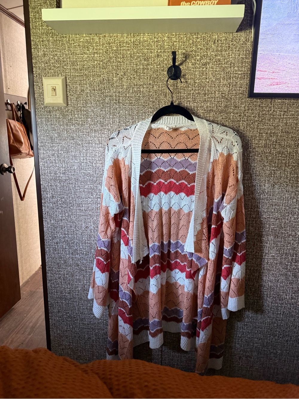 POL Open-Front Striped Crochet Cardigan - Peach, Mauve, White, Red